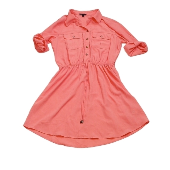 Bebop Juniors Shirt Dress Sz L Pink Melon Button Up Collar Roll Up Sleeves Light - Picture 1 of 8